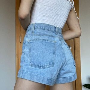 American Apparel high waisted light wash cuffed denim shorts